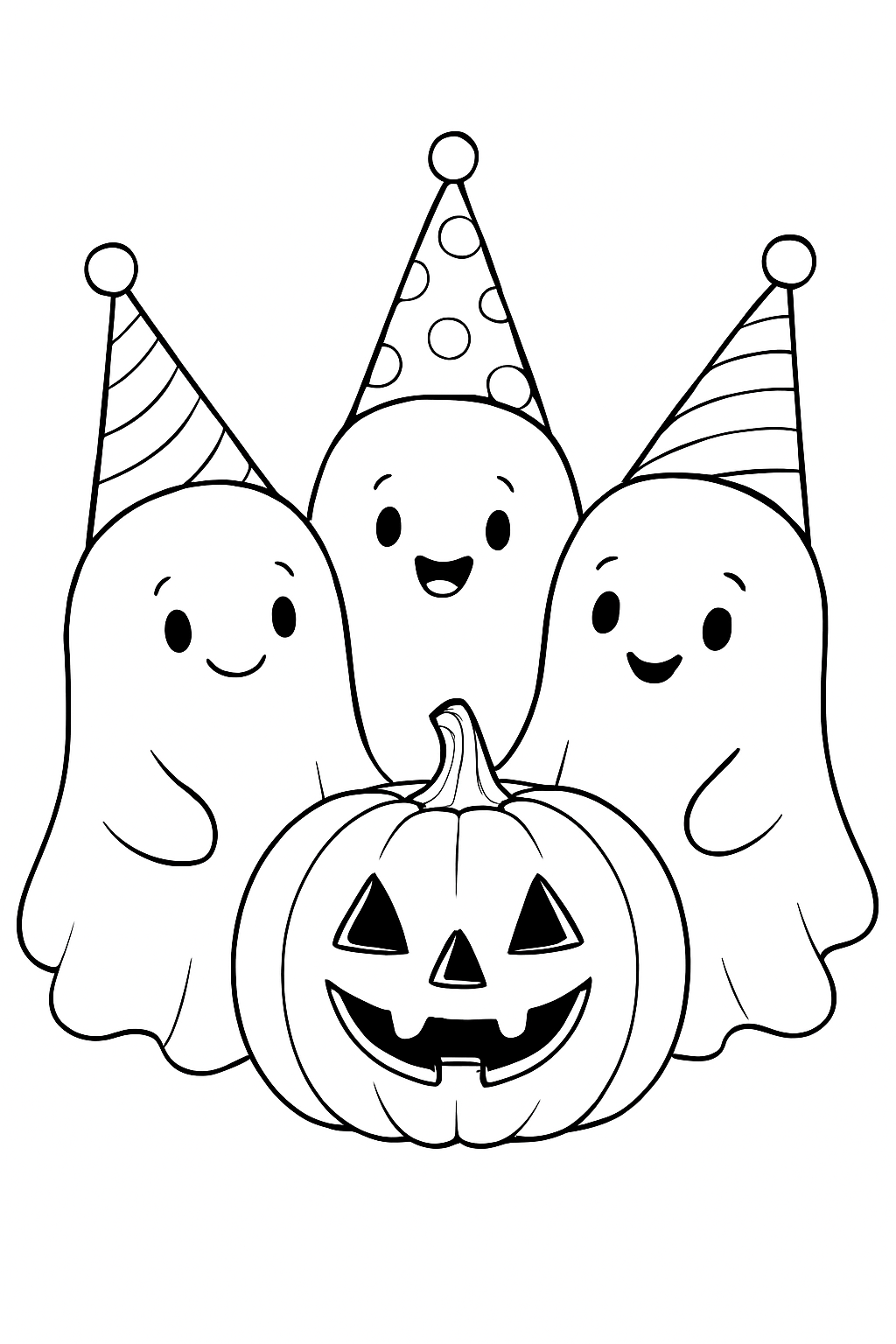 Three happy ghosts with party hats in this cute ghost coloring page.