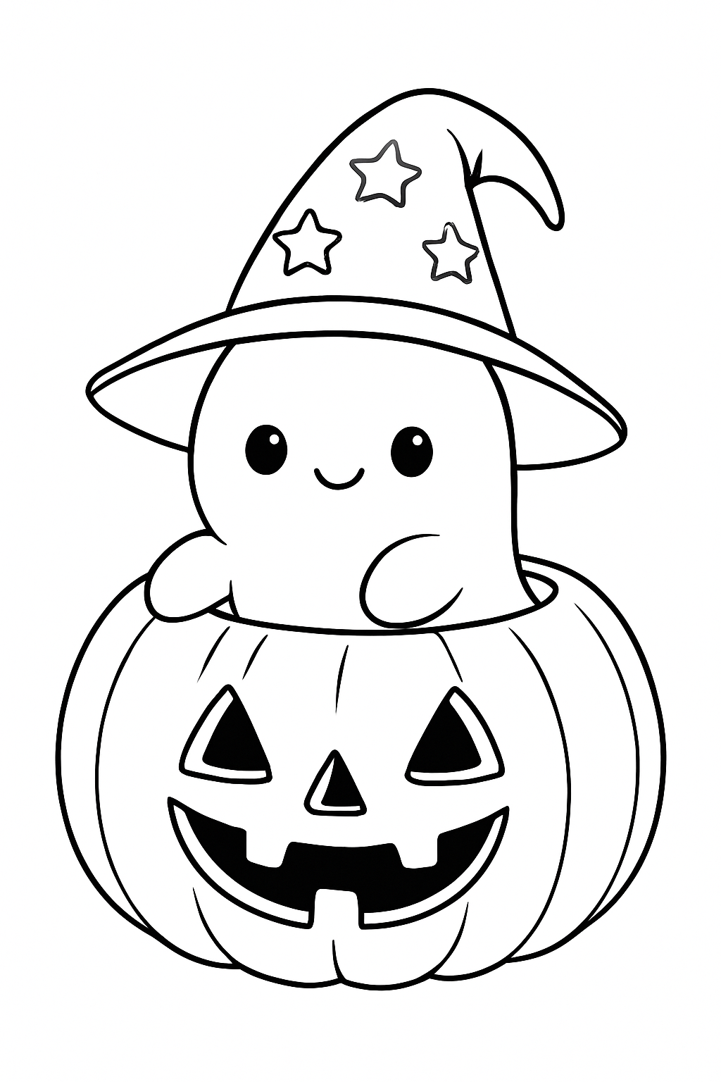 A friendly ghost inside a carved pumpkin on this cute ghost coloring page.