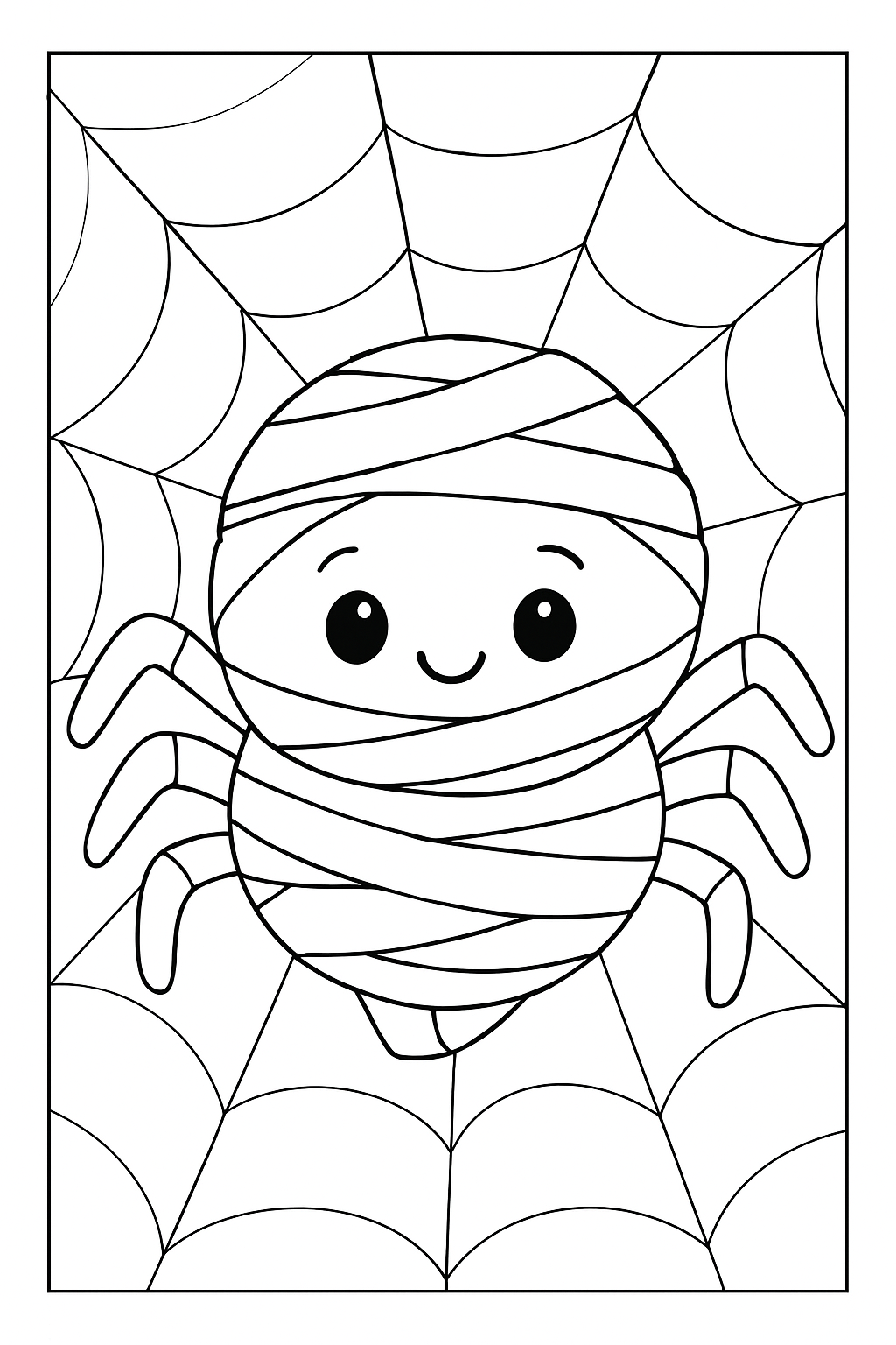 A happy cartoon spider wrapped in bandages on this cute mummy spider coloring page.