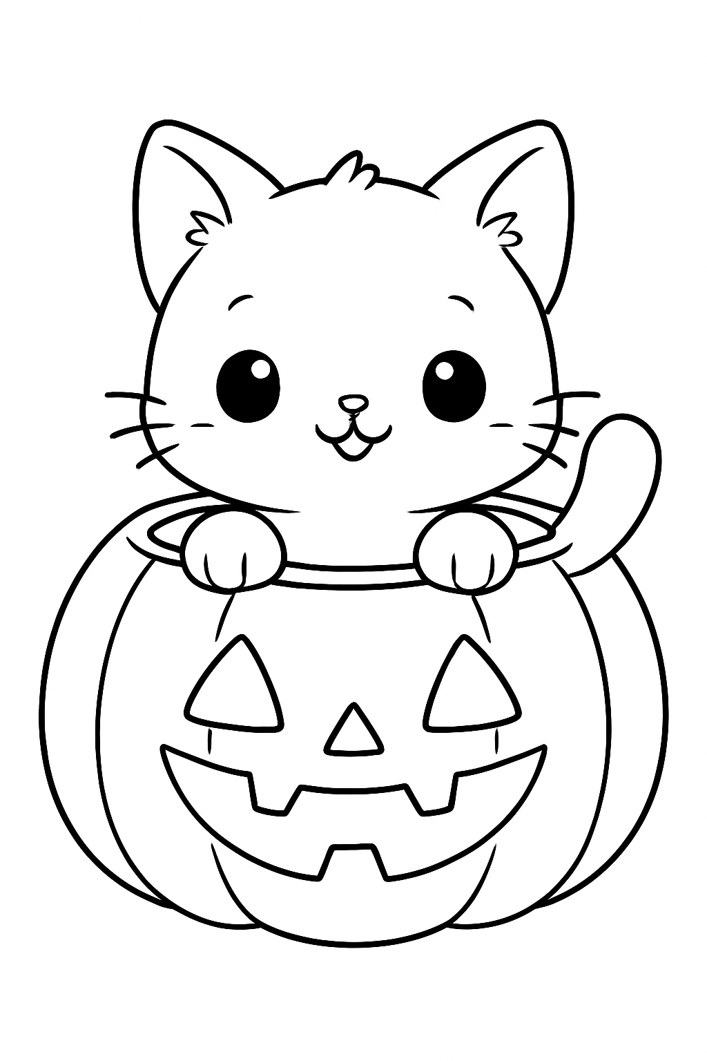 A cute pumpkin cat coloring page featuring a happy kitten inside a carved jack-o'-lantern.