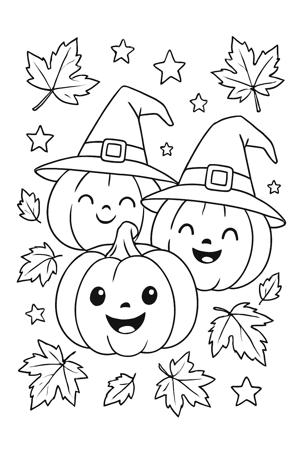 A festive cute pumpkins coloring page featuring pumpkins with witch hats and autumn leaves.