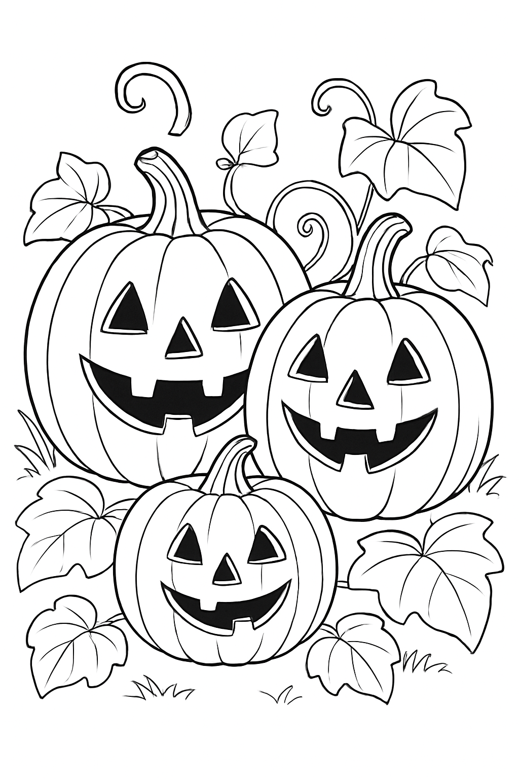 A festive jack o lantern pumpkin coloring page featuring three friendly carved pumpkins in a garden patch.
