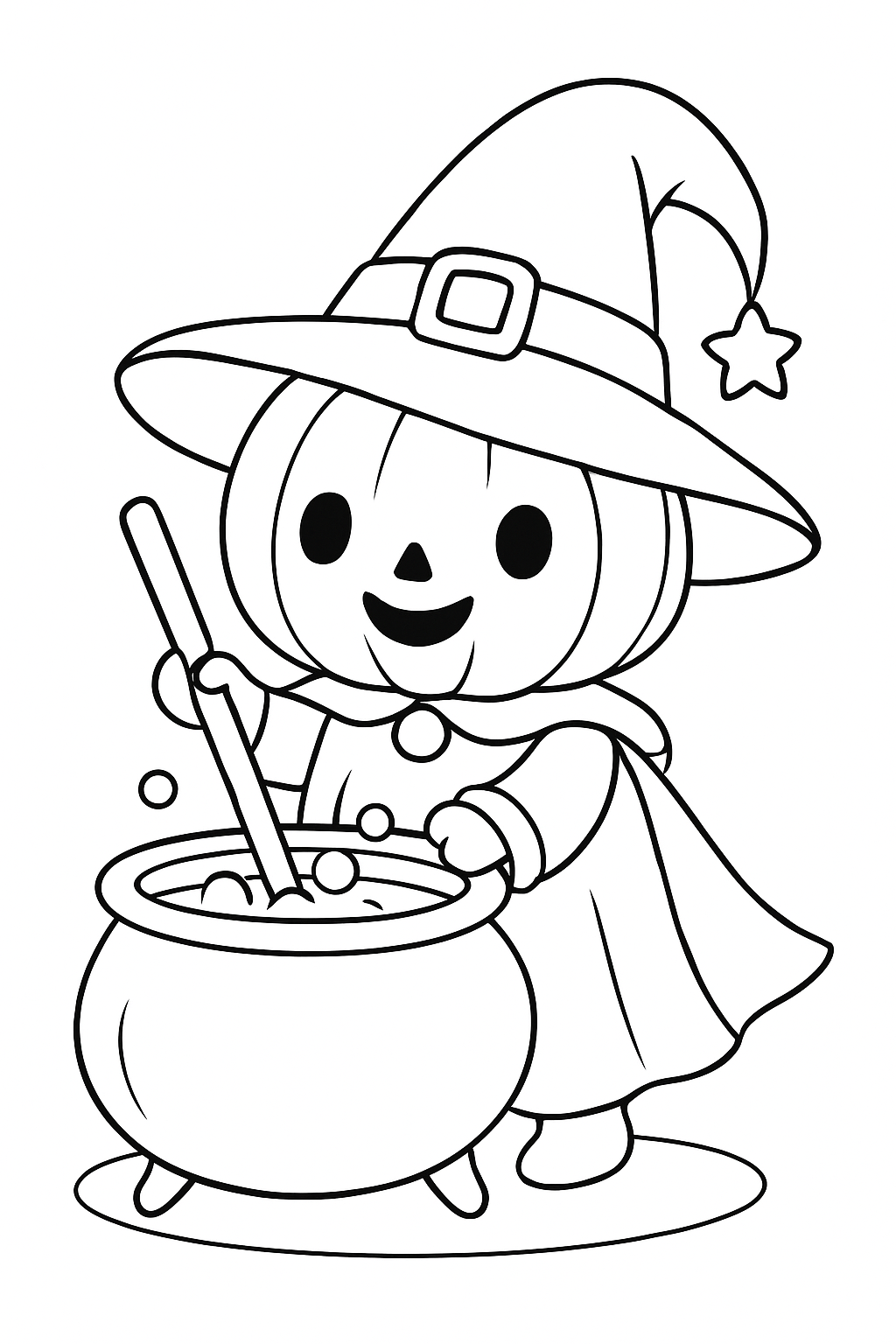 A cute pumpkin wearing a wizard hat and stirring a cauldron for a cute halloween coloring page.