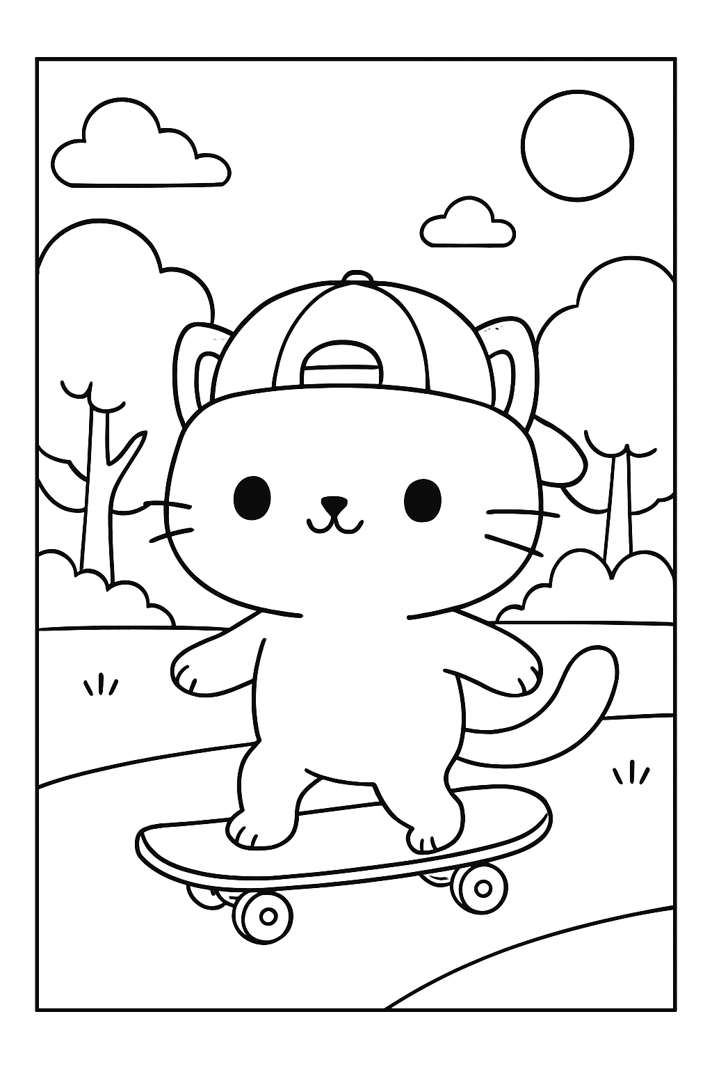 A cute cat riding a skateboard in this fun skateboarding coloring page.