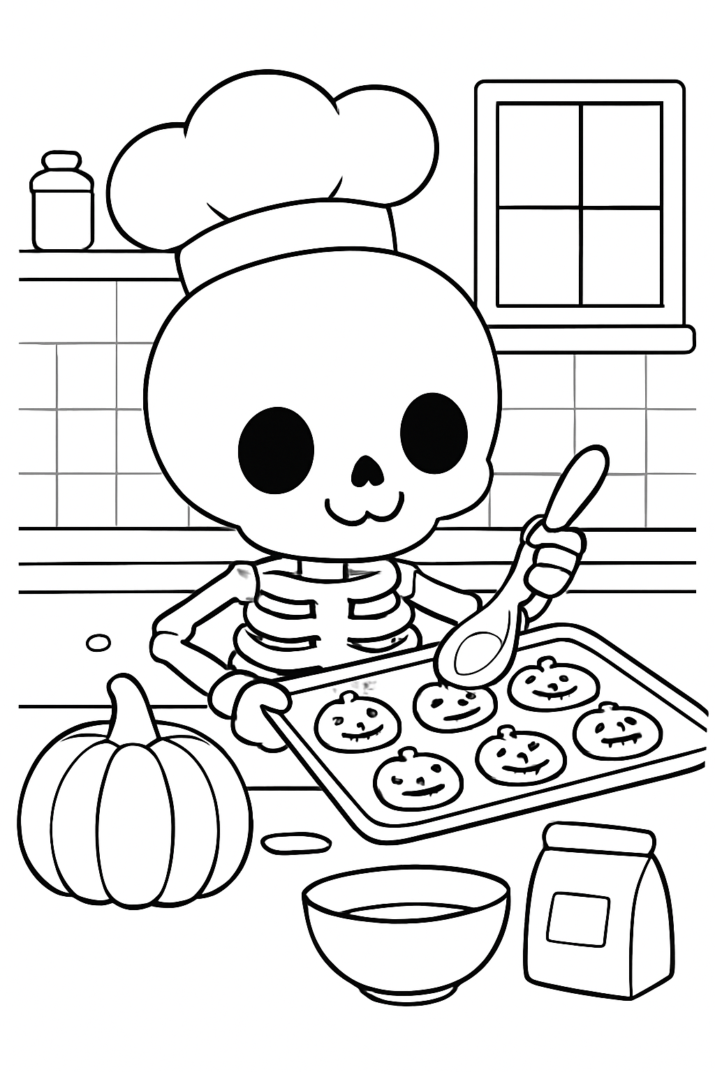 A happy cartoon skeleton baking cookies in this cute skeleton coloring page for kids and adults.