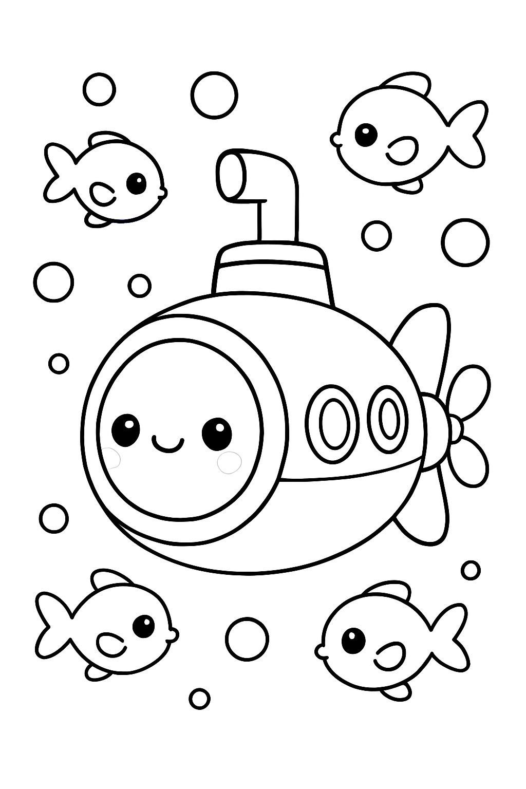 An adorable smiling submarine surrounded by friendly fish on a submarine coloring page.