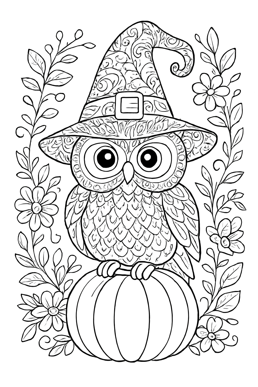 A cute witch owl sitting on a pumpkin for a fun Halloween coloring page.