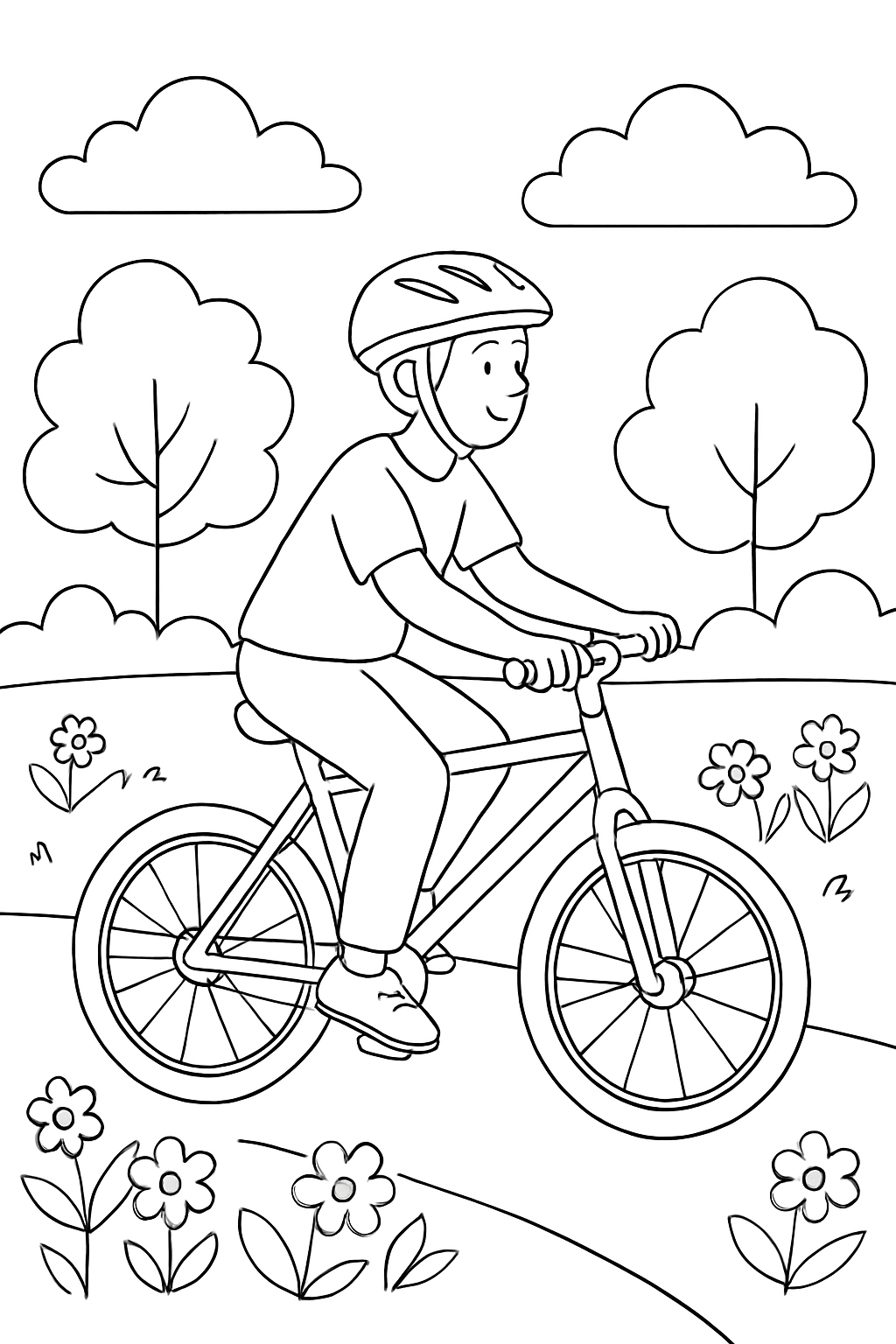 A beautiful cycling coloring page featuring a person biking through a floral park landscape.