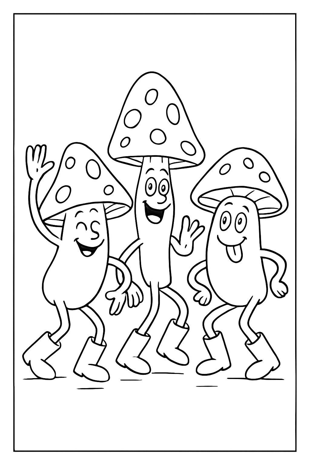 Three funny mushrooms wearing boots dancing in a meadow on a dancing mushroom coloring page.