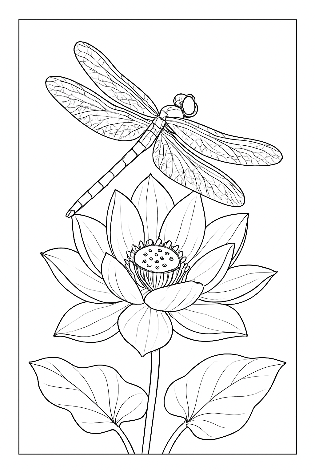 A detailed dragonfly lotus coloring page featuring a realistic insect perched on a water lily flower.