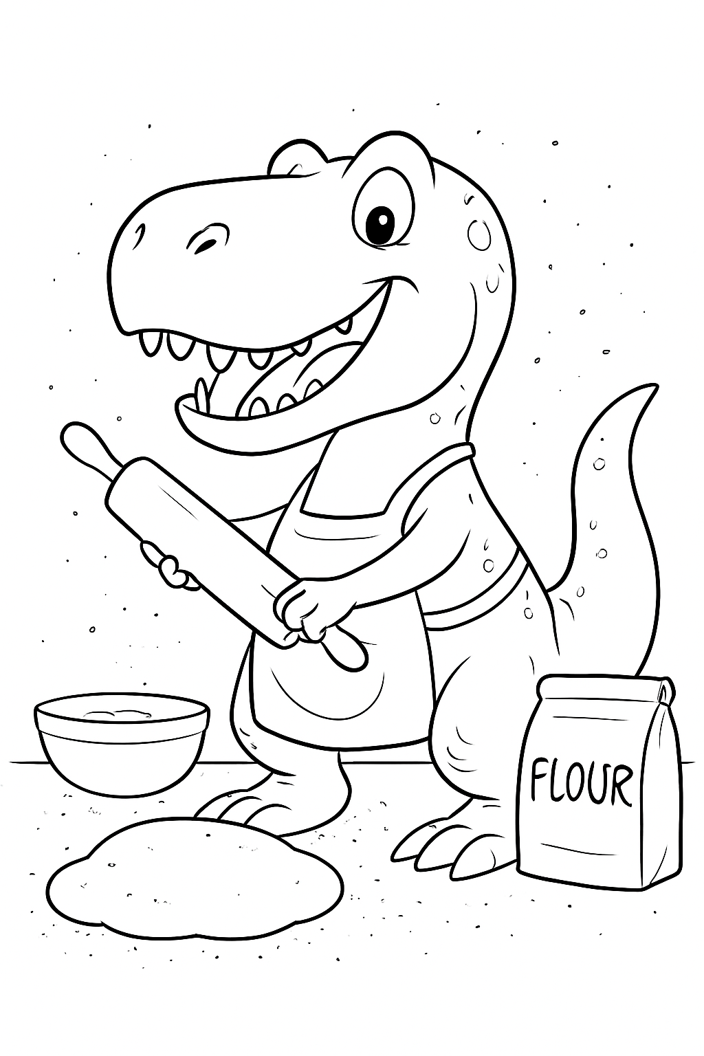 A cute T-Rex wearing a chef hat and apron on a funny dinosaur baking coloring page.