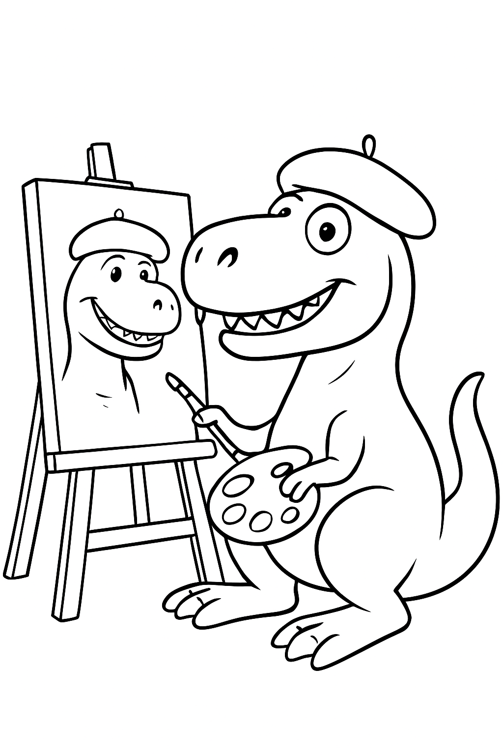 A cute cartoon T-Rex wearing a beret in a dinosaur artist coloring page scene.
