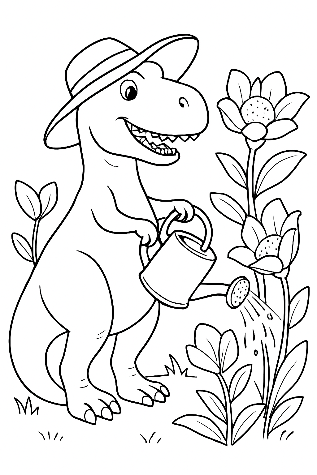 A happy dinosaur gardener watering oversized prehistoric flowers in this printable coloring page.