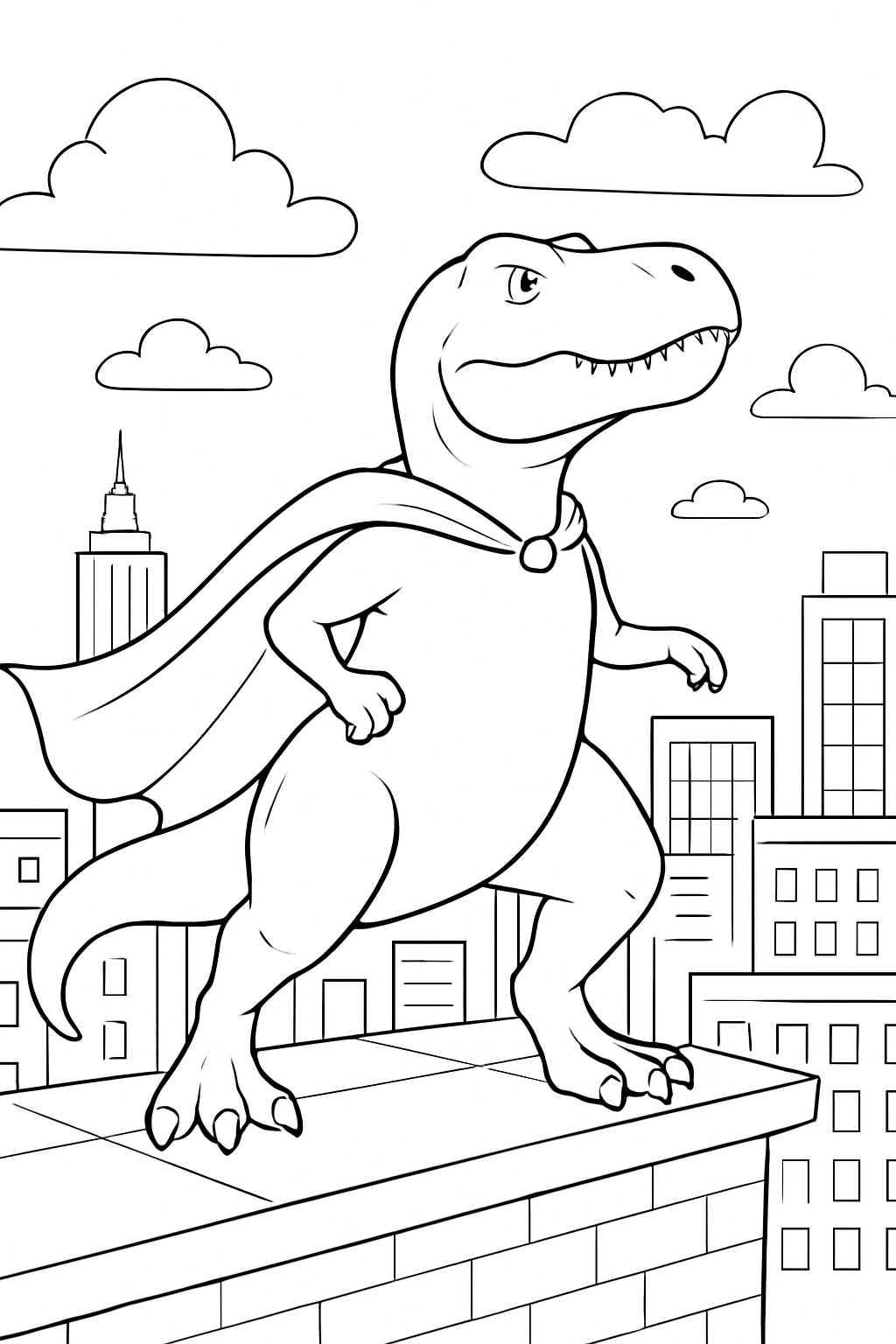 A heroic T-Rex wearing a cape on a rooftop, featured on a fun dinosaur superhero coloring page.