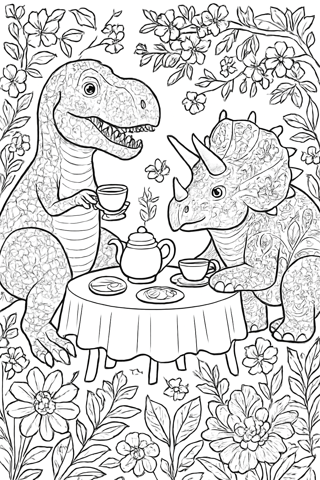 A detailed dinosaur tea party coloring page with a T-Rex and Triceratops surrounded by flowers.