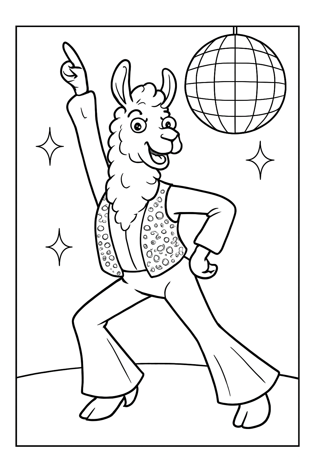 A happy llama wearing disco clothes and dancing, featured on a fun disco llama dancer coloring page.
