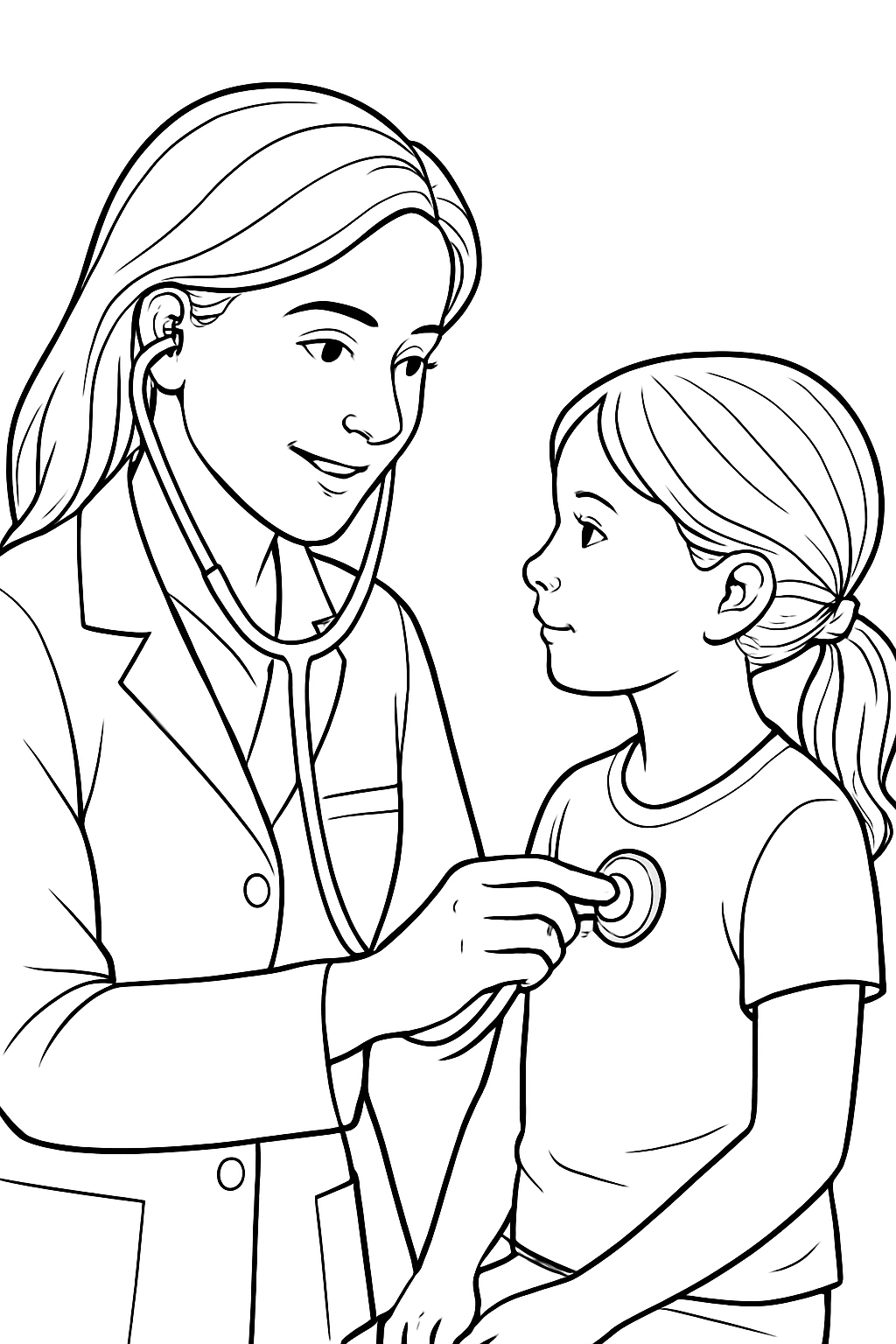 A realistic doctor checking heartbeat coloring page with clean lines and clear details.