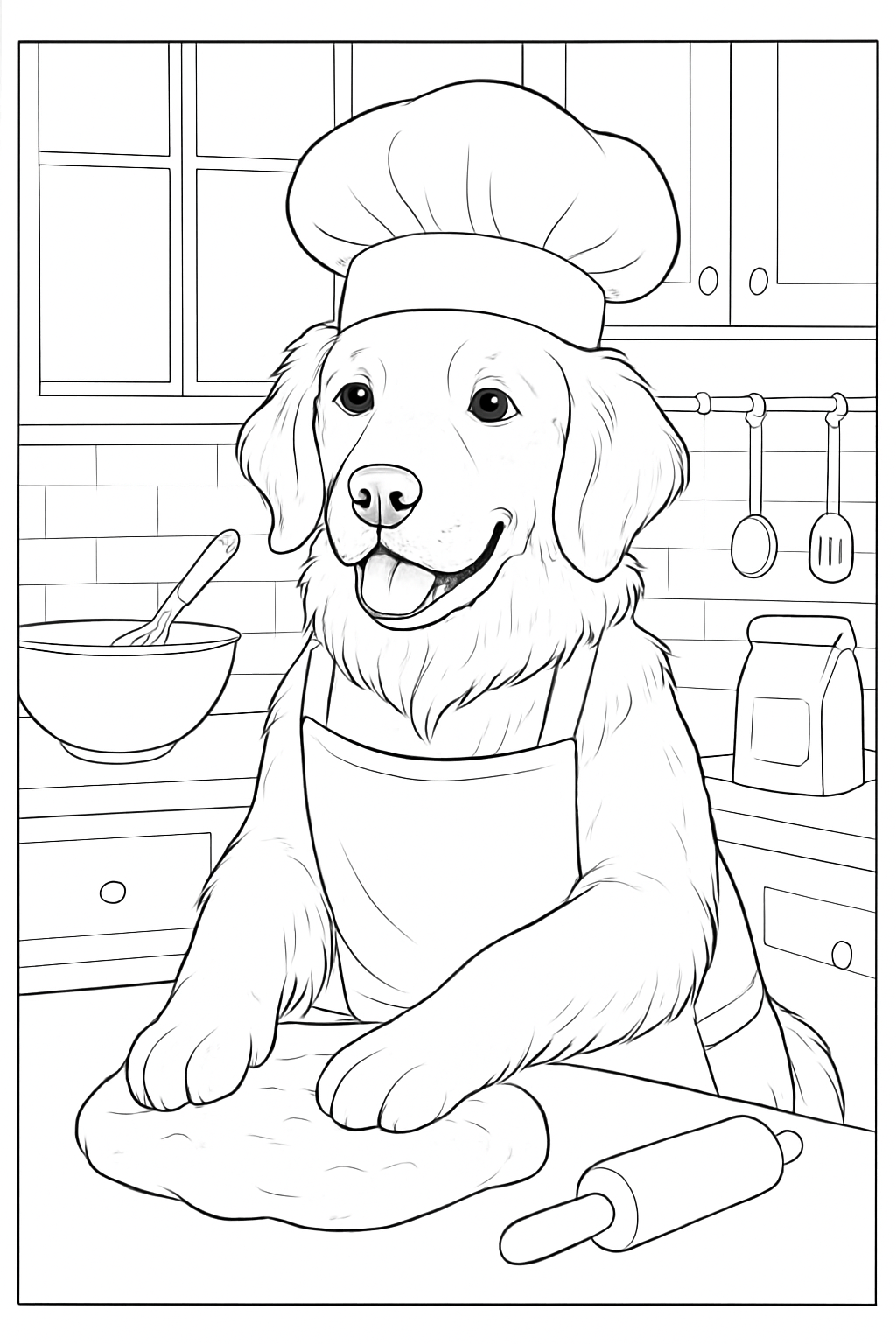 A realistic baking dog coloring page featuring a Golden Retriever in a chef hat.