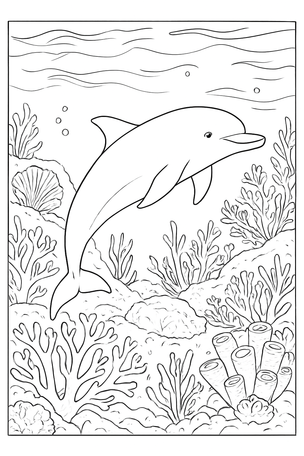 A realistic dolphin swimming through a vibrant coral reef on a dolphin underwater coloring page.