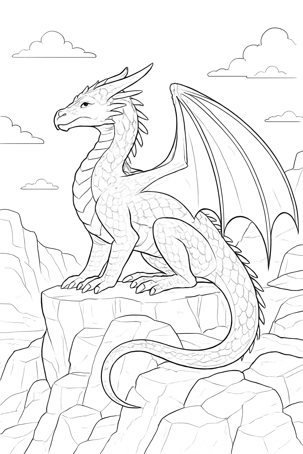 A detailed dragon nesting cliffs coloring page featuring a realistic dragon resting on high mountain peaks.