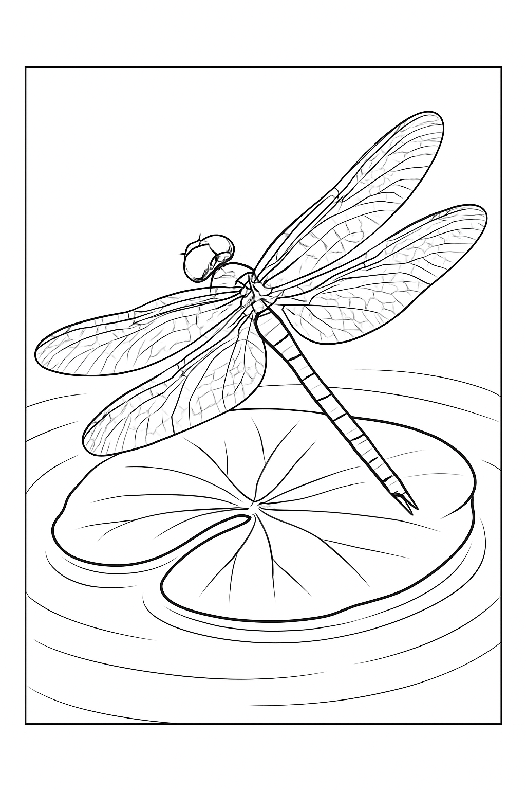 A detailed dragonfly resting on a lily pad in this nature-themed dragonfly coloring page.