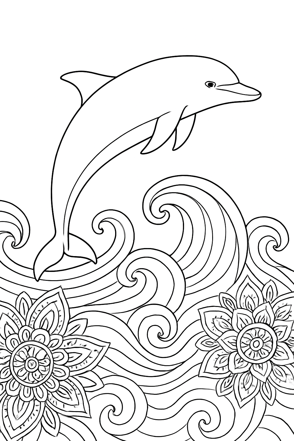 A sophisticated dolphin coloring page featuring clean lines and stylized ocean waves for artistic coloring.