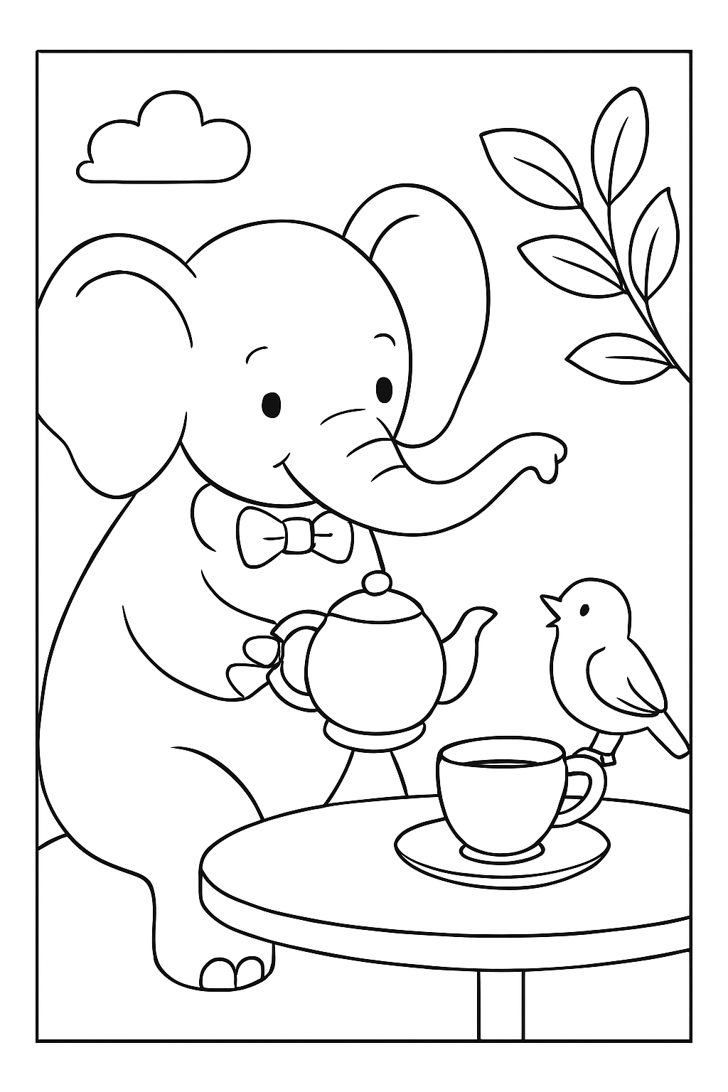 A friendly elephant holding a teapot in a charming elephant tea party coloring page.