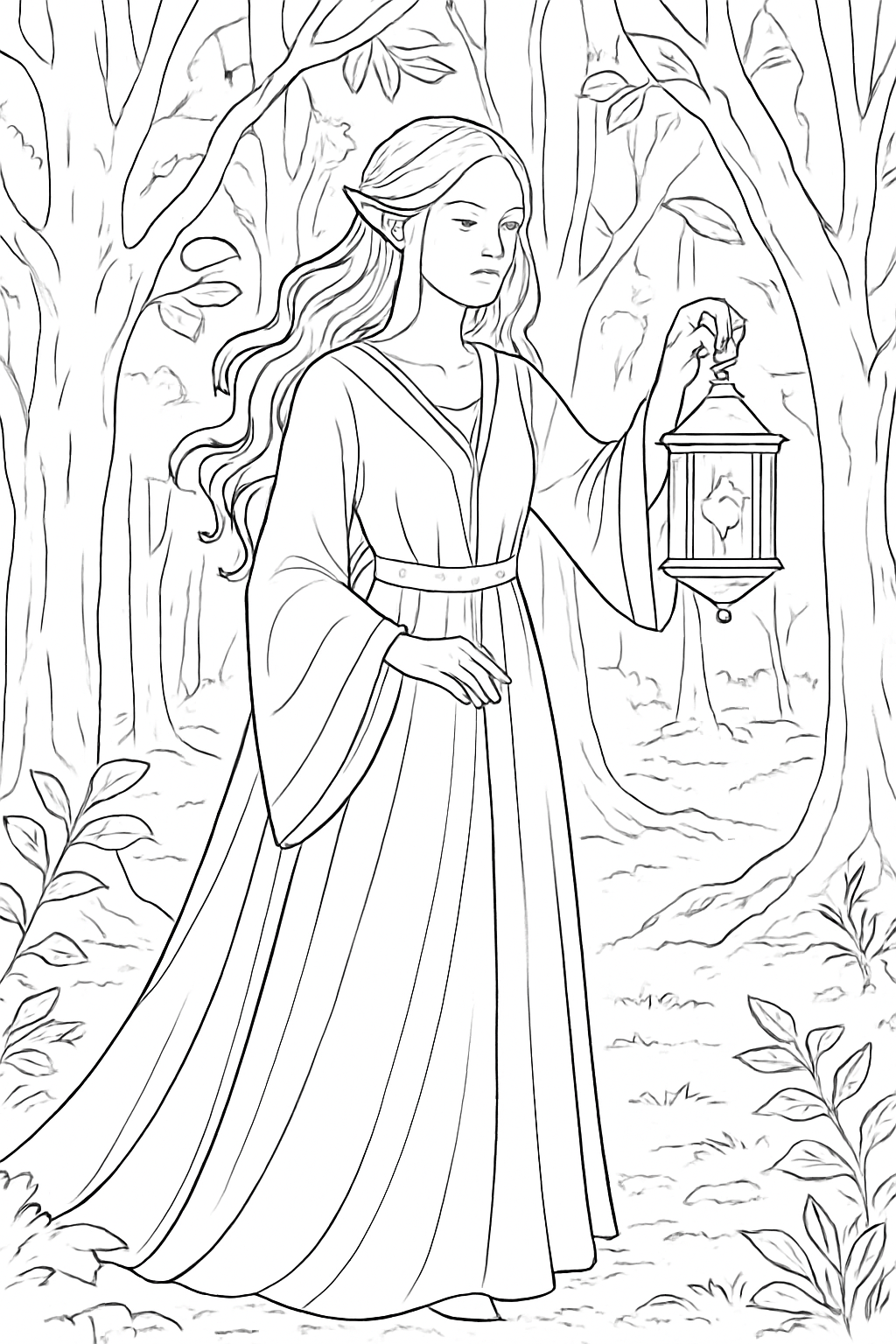 A detailed elf forest guardian coloring page featuring a graceful elf in a woodland setting with clear outlines.