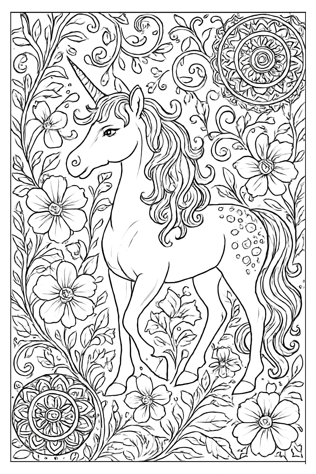 Intricate enchanted garden unicorn coloring page with floral mandala details.
