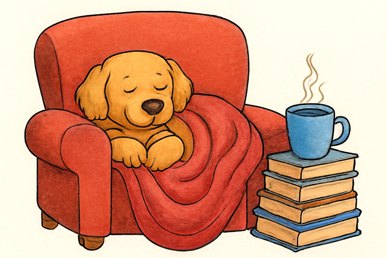 Coloring example — Cozy Puppy Reading Nook