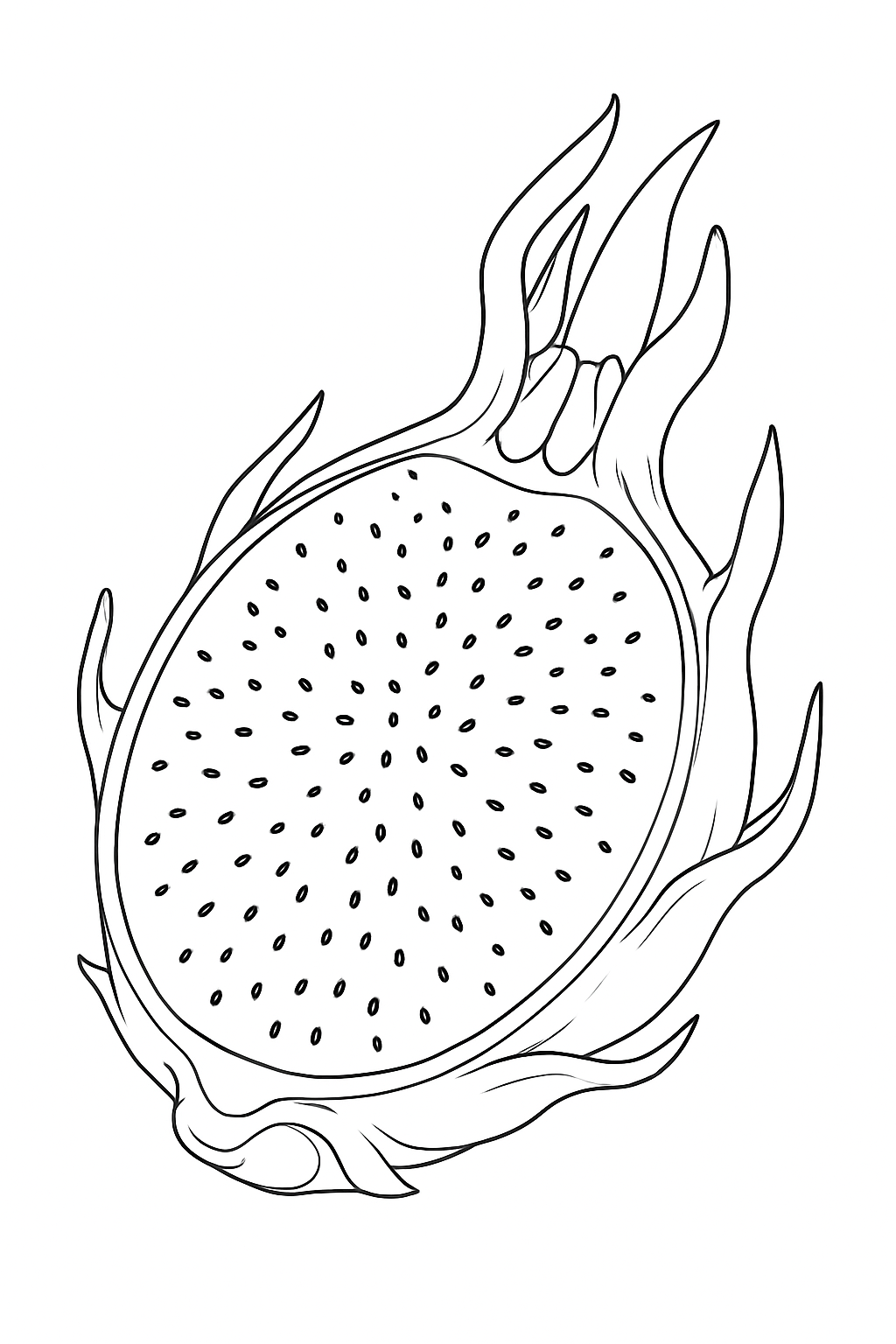 Detailed dragon fruit coloring page featuring a halved pitaya with clear outlines.