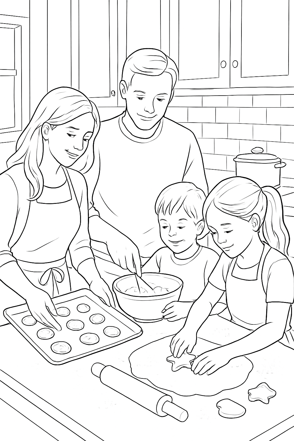 A realistic family baking cookies together in a kitchen, featured on a printable coloring page.