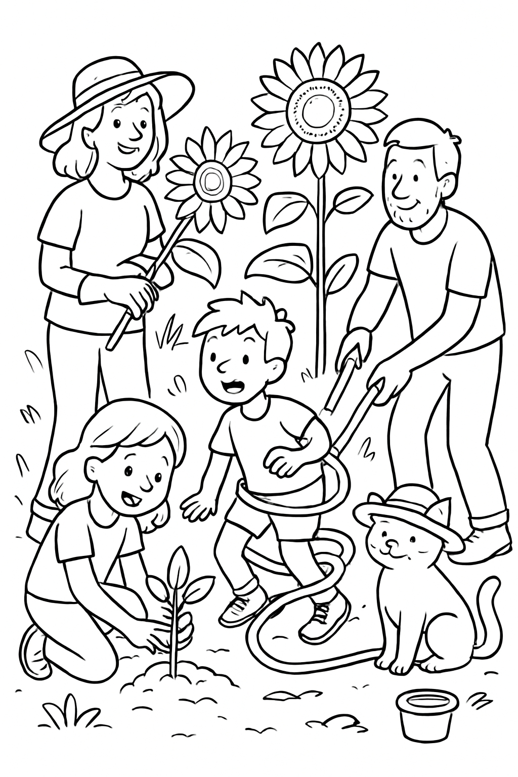 A funny family gardening coloring page featuring a silly sunflower planting scene with clean line art.