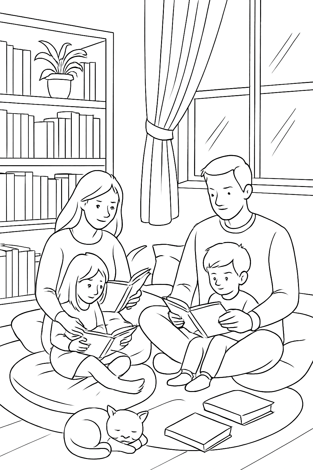 A family reading books in a cozy library corner, detailed family reading nook coloring page.