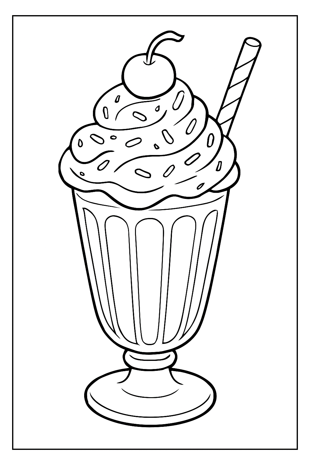 A decorative milkshake coloring page featuring whipped cream and sprinkles with bold, clean lines.