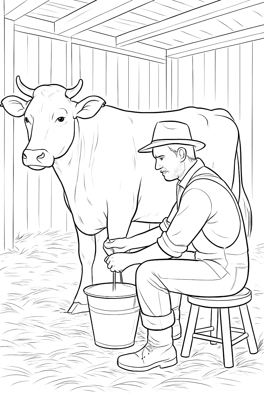 A detailed farmer milking cow coloring page featuring a realistic barn scene.