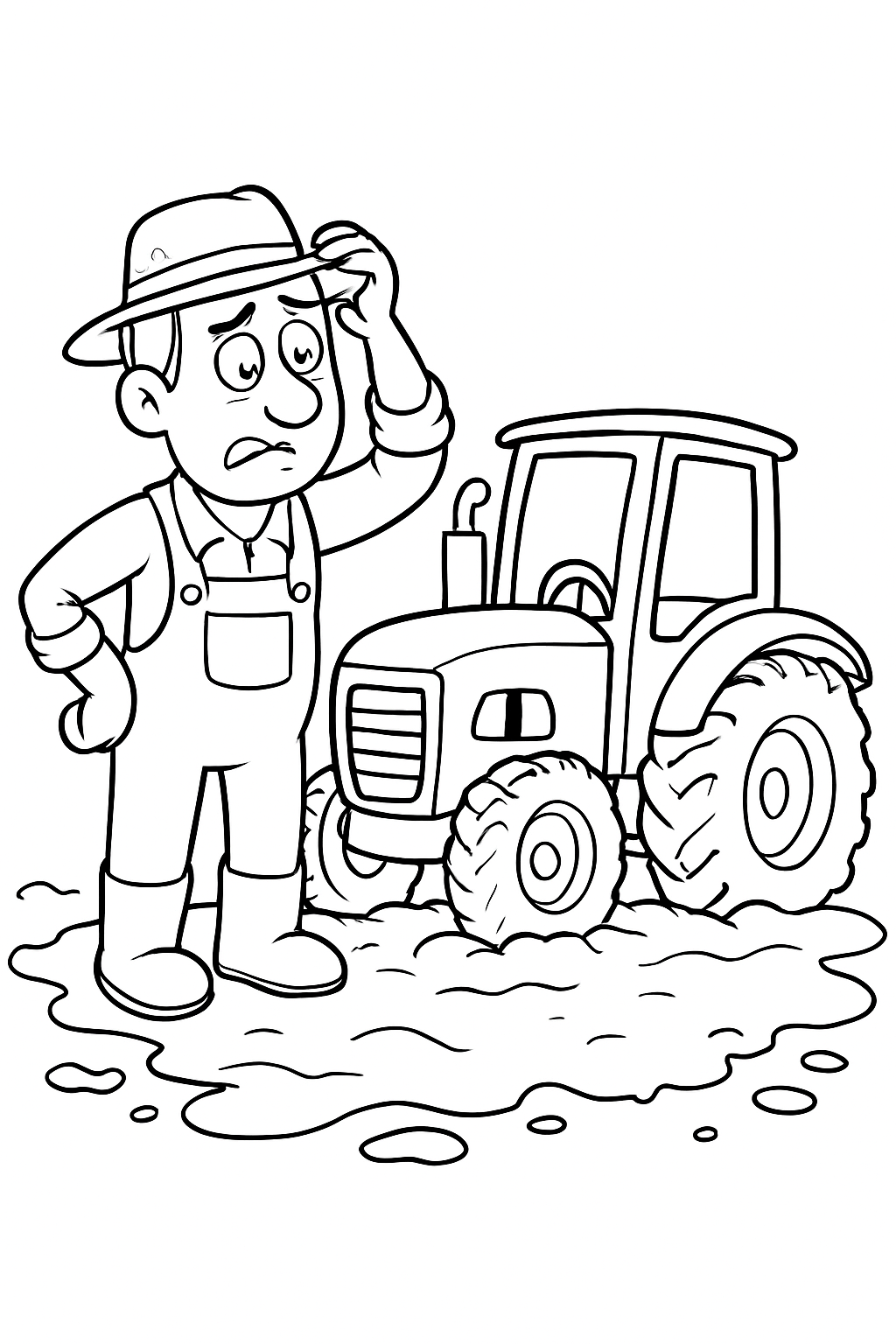 A humorous farmer tractor trouble coloring page featuring a muddy scene and a funny cartoon farmer.
