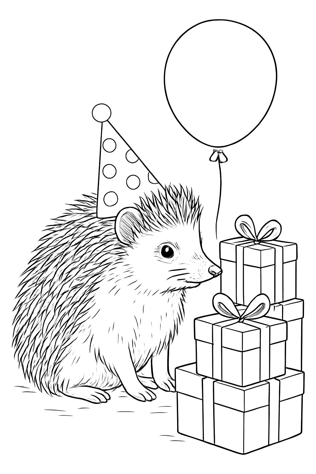 A realistic birthday hedgehog coloring page featuring a party hat and presents for artistic coloring.