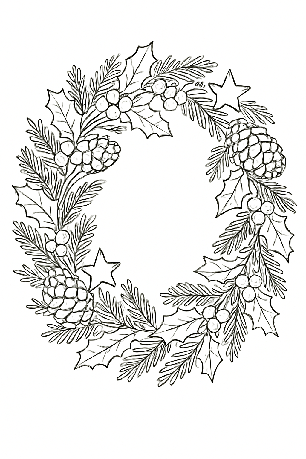 A detailed festive holiday wreath coloring page with pine cones and berries.
