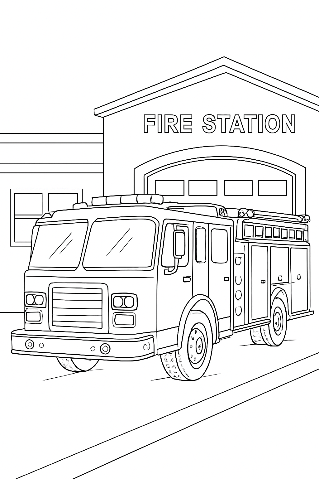 A detailed fire engine truck parked at the station in this printable fire engine coloring page.