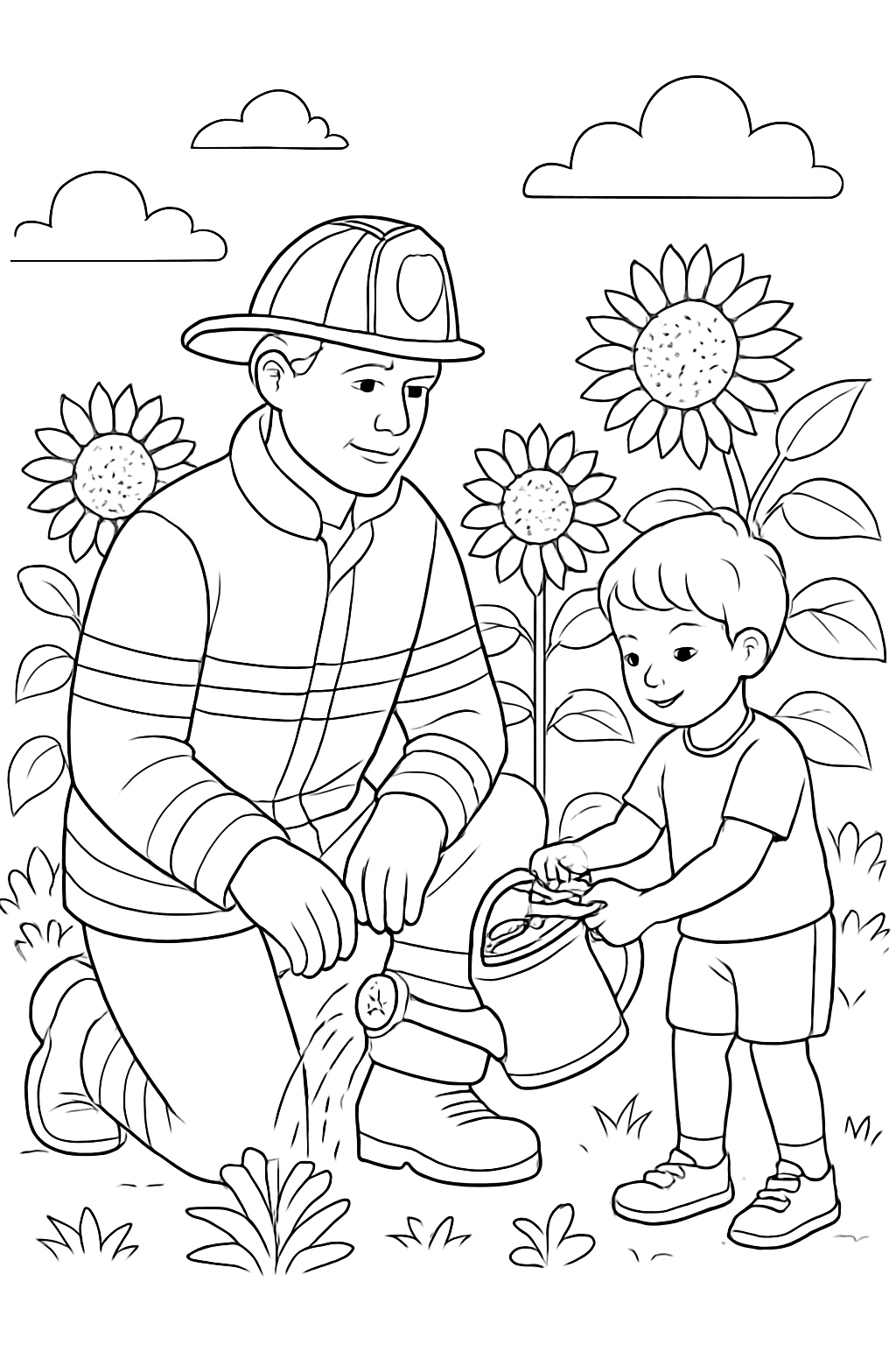 A friendly firefighter watering flowers with a child, featured in a beautiful firefighter community garden coloring page.