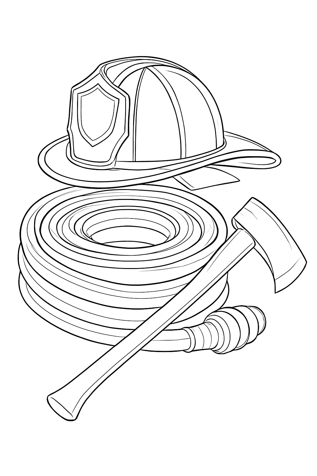 Detailed firefighter equipment coloring page featuring a helmet and rescue tools in professional black and white line art.