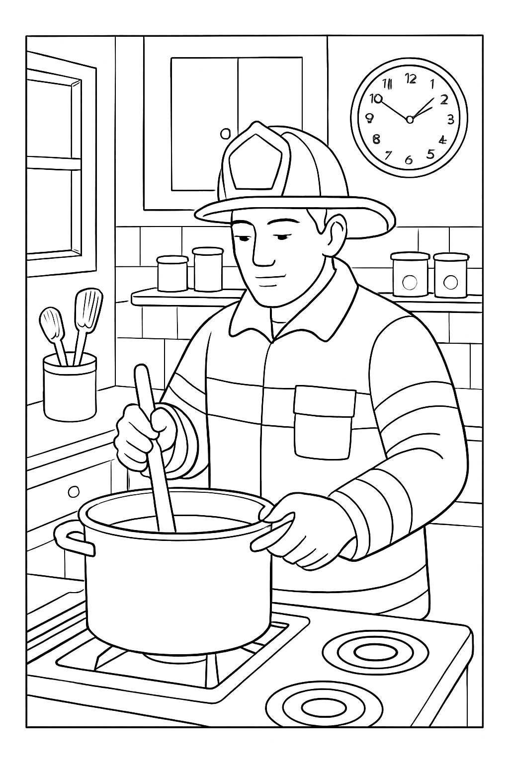 Detailed firefighter kitchen coloring page featuring a cozy meal preparation scene.
