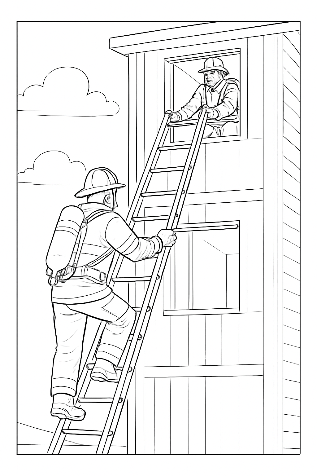 A realistic firefighter training drill coloring page featuring a ladder drill on a practice tower.