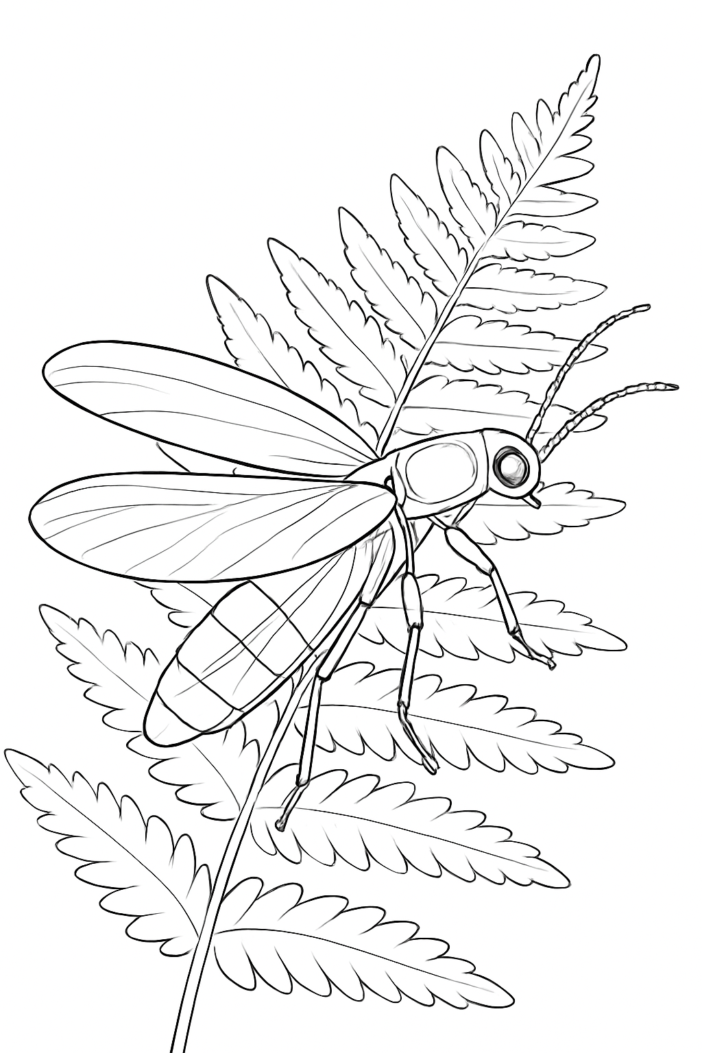 A detailed firefly perched on a fern leaf on a firefly botanical coloring page.