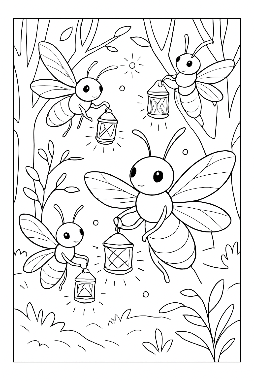 A cute firefly holding a small paper lantern in this detailed firefly lantern party coloring page.