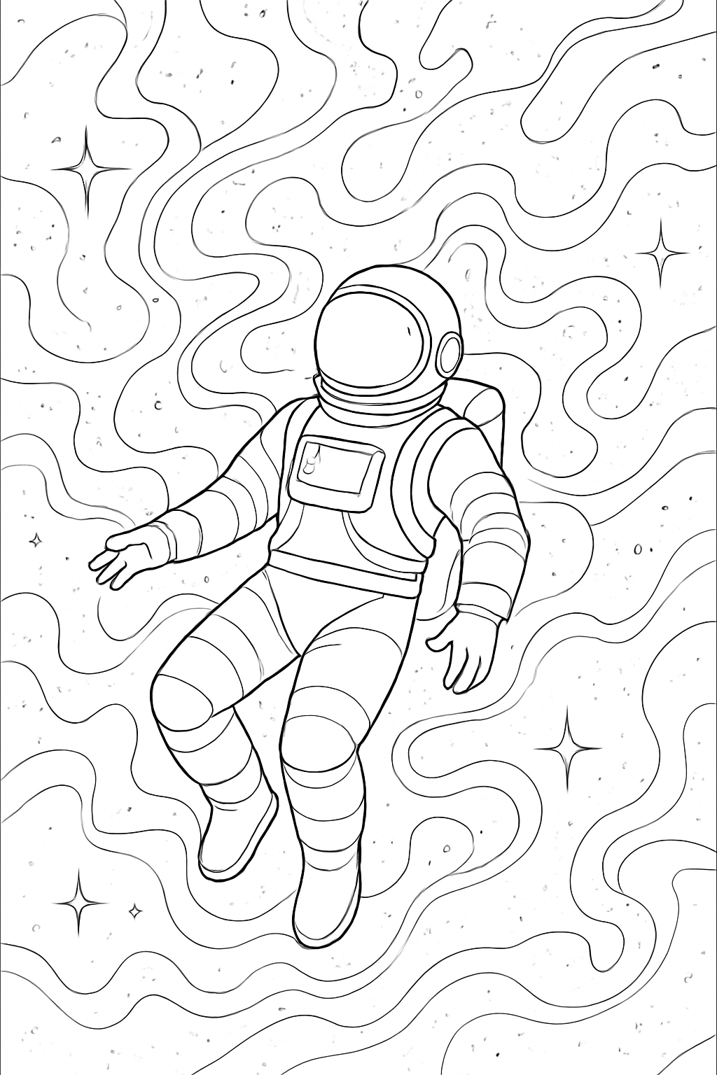 Detailed astronaut floating in a cosmic nebula on an astronaut nebula coloring page.