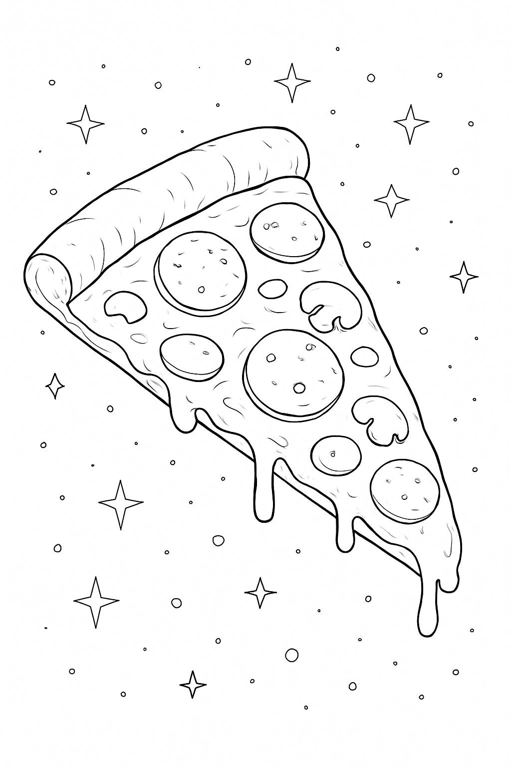 Detailed floating pizza slice coloring page with stars and cosmic bubbles.