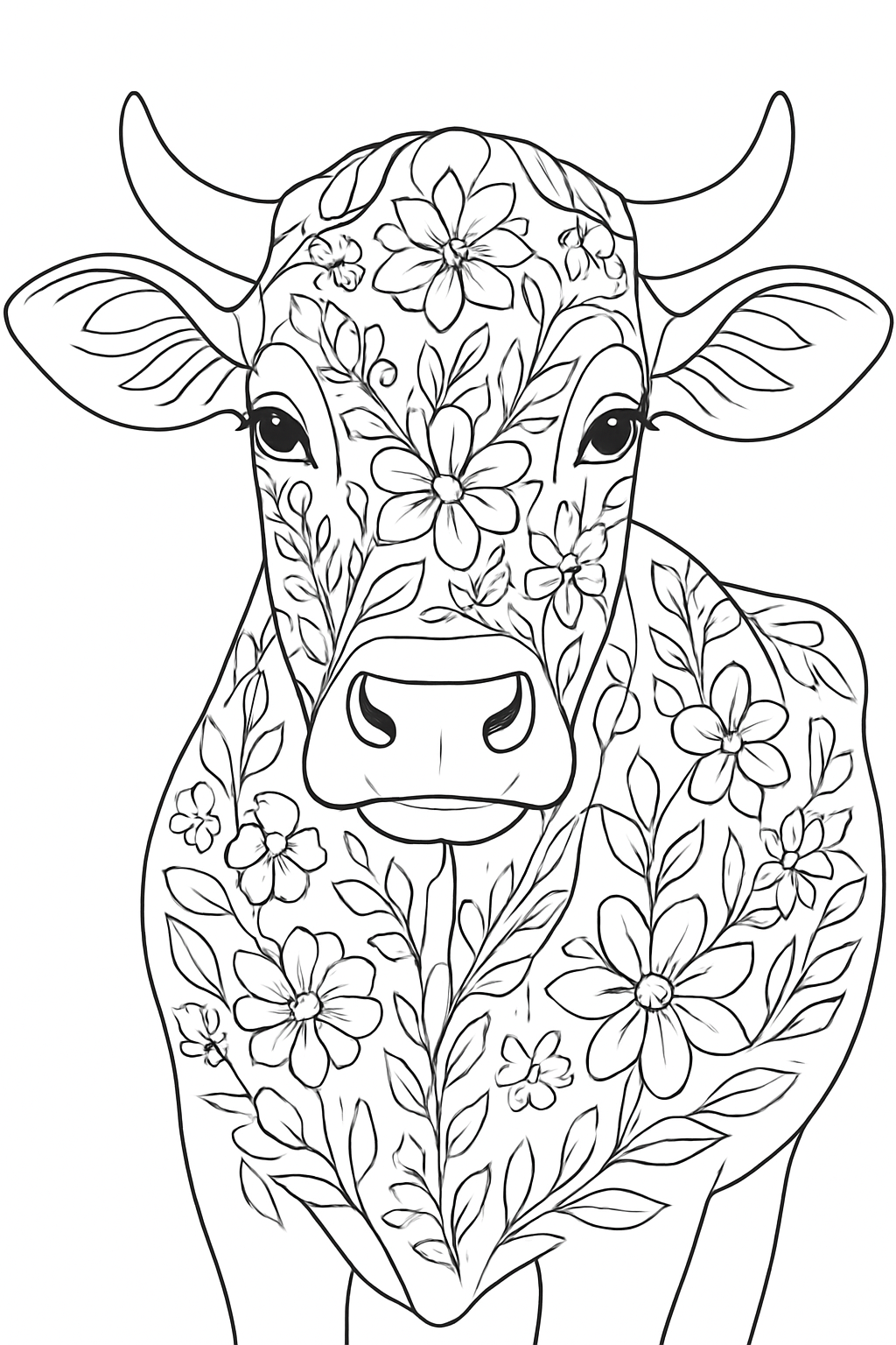 Detailed floral cow coloring page featuring ornate patterns and clean outlines.