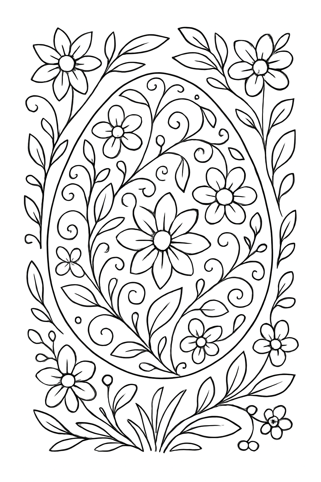 Intricate floral pattern on an Easter egg coloring page with bold black outlines.